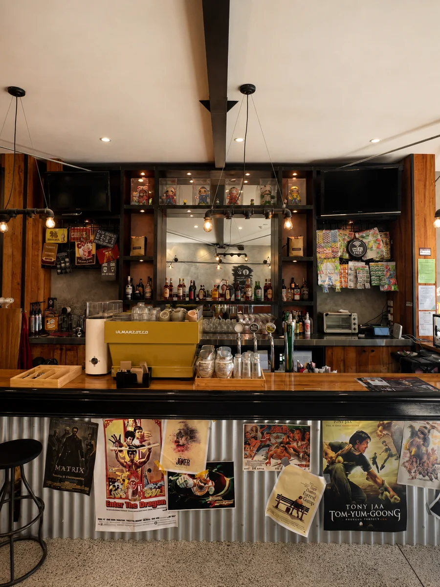 The café counter and posters inside 71st Cafe x Bar