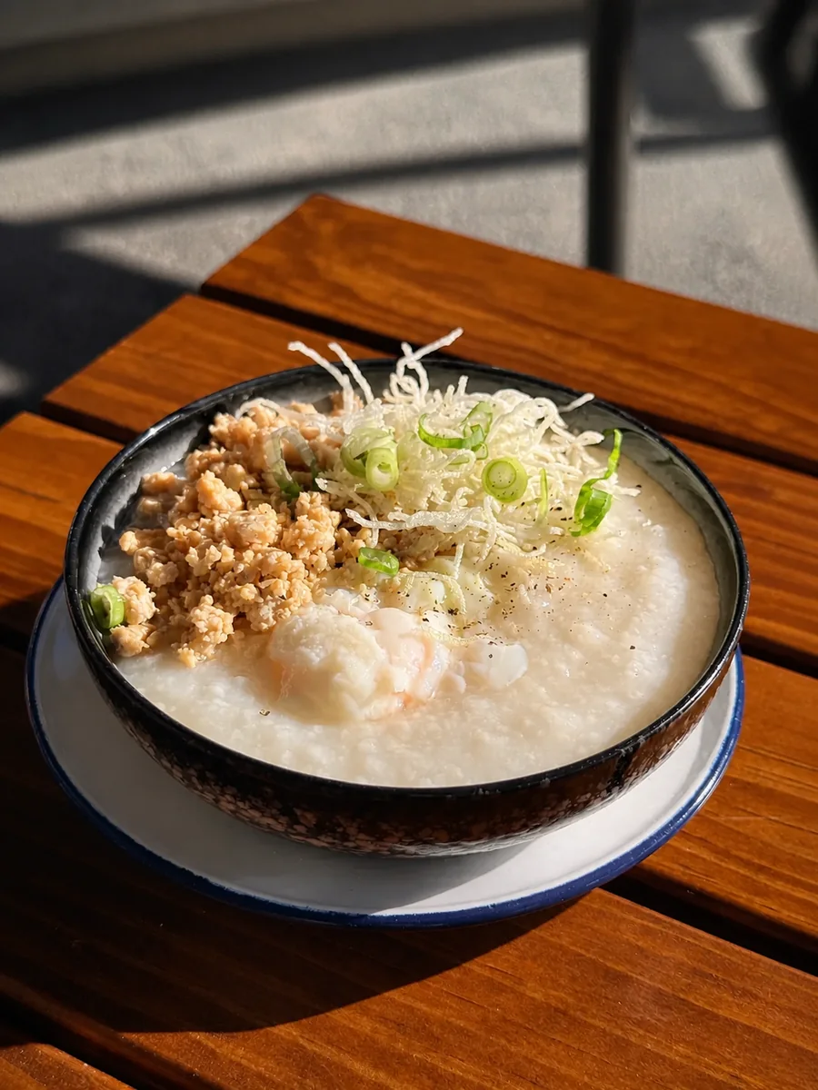 Thai congee with egg, minced chicken and crispy noodles