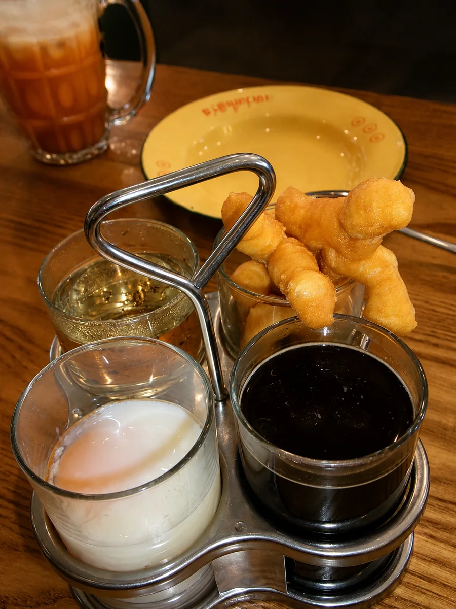 Drinks and fried dough served on a wooden café table